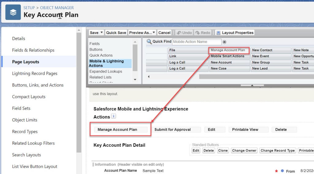 Drag the Manage Account Plan component onto the top of the Account Plan Layout