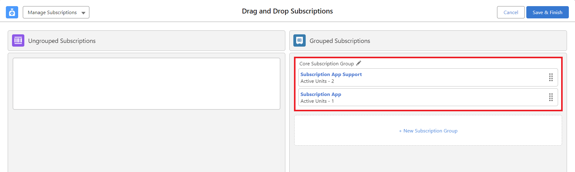 Showing how to group Subscriptions on the same Account in Salesforce using the GSP Subscription Manager.